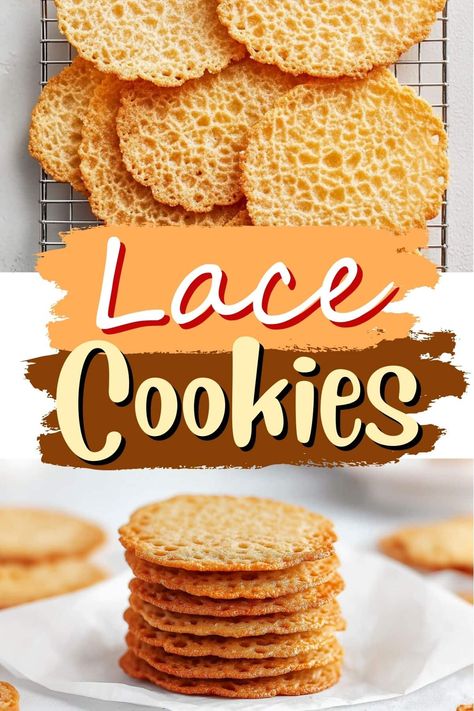 These lace cookies are sweet, delicate, and such a treat! The crispy texture simply can't be topped. Whip up a batch today! Martha Stewart Oatmeal Lace Cookies, Grandmas Lace Cookies Recipe, Grandmas Lace Cookies, Lemon Lace Cookies, Lace Cookies Recipe Simple, Old Fashioned Cookie Recipes, French Lace Cookies, Lacy Cookies, Crispy Cookies Recipe