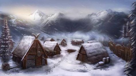 [snowy village inspo - found on google] Snowy Village, Viking Village, Fantasy Village, Fantasy Town, Viking Culture, Viking Art, Fantasy City, Fantasy Setting, Fantasy Places