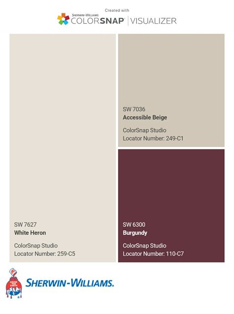 I just created this color palette with the Sherwin-Williams ColorSnap® Visualizer app on my Android phone. What do you think? You can learn more about ColorSnap Visualizer and get it on your phone free by visiting http://getcolorsnap.com. Color Combinations With Burgundy, Burgundy Interior Design Colour Palettes, Burgundy Colour Combinations, Burgundy Interior Design, Bordeaux Kitchen, Burgundy Color Combinations, Bedroom Burgundy, Maroon Kitchen, Burgundy Paint Colors