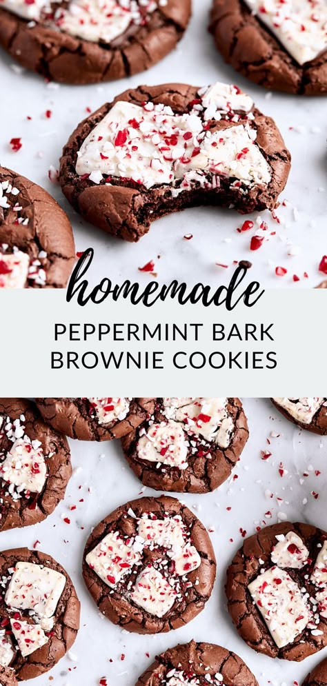 Peppermint bark brownie cookies topped with peppermint bark and crushed peppermint are the most delicious holiday cookies! Recipe makes 20 peppermint brownie cookies. Christmas Baking Aesthetic, Christmas Desserts For Kids, Cookies No Chill, Holiday Cookies Recipes, Top Dessert Recipes, Peppermint Brownie Cookies, Holiday Cookie Decorating, Peppermint Brownie, Beginner Baking