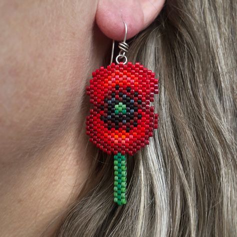 Poppy Earrings, Argentium Silver, Pet Necklace, Brick Stitch, Earring Hooks, Seed Bead Earrings, Bead Jewellery, Paper Box, Bead Weaving