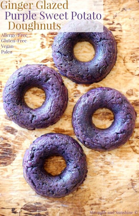 Ginger Glazed Purple Sweet Potato Doughnuts (Gluten-Free, Allergy-Free, Vegan, Paleo) | Strength and Sunshine @RebeccaGF666 No more beige donuts! These healthy Ginger Glazed Purple Sweet Potato Doughnuts are gluten-free, allergy-free, vegan, and paleo! A creative and fun recipe to try for breakfast, dessert, or an afternoon snack! Vegan Donut Recipe, Potato Donuts, Ube Recipes, Homemade Donuts Recipe, Purple Sweet Potato, Vegan Donuts, Purple Sweet Potatoes, Desserts Vegan, Homemade Donuts