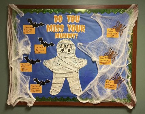 The Mummy was made from cardstock and toilet paper, but if I were to make it again I would just use rasterbater and print ClipArt. The board says “Do You Miss Your Mummy?” and features ways to deal with homesickness. The font is from Canva. #canva #university #dorm #ra #college #ideas #board #halloween #homesick #mummy #residentadvisor #creative #reslife #residencelife Homesickness Bulletin Board Ra, Ra College, Ra Door Decs, College Bulletin Boards, University Dorm, Halloween Bulletin Boards, Ra Bulletins, Ra Boards, Ra Bulletin Boards