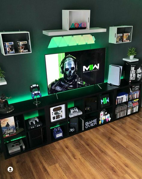 Playstation Game Room Ideas, Xbox Game Room Ideas Man Caves, Gamer Man Cave Ideas, Multiple Game Console Setup, Xbox Setup Ideas, Game Room Tv Wall Ideas, Marvel Game Room, Men’s Game Room, Console Gaming Room