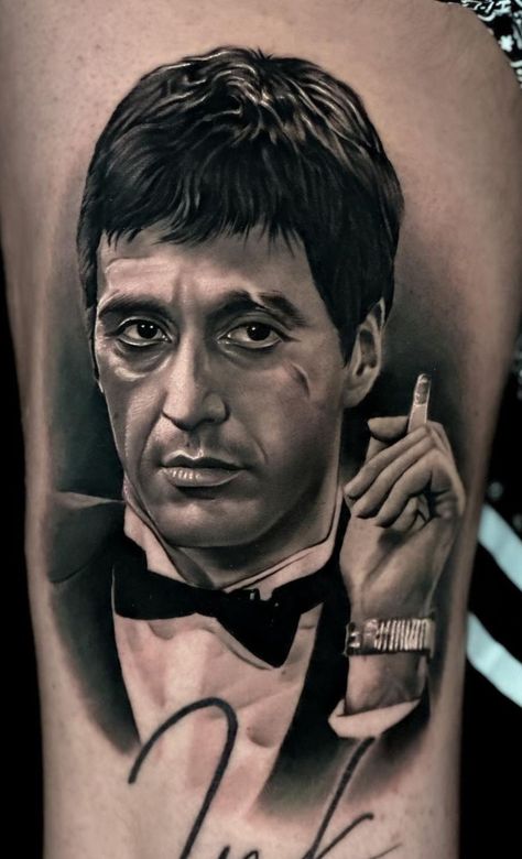 Scarface Leg Tattoo, Mobster Tattoo Gangsters, Cheguvera Tattoo, Portraits Tattoo Ideas, Good Fellas Tattoo, Dead Presidents Tattoo, Al Pacino Tattoo, Chalino Sanchez Tattoo, Joker Portrait Tattoo