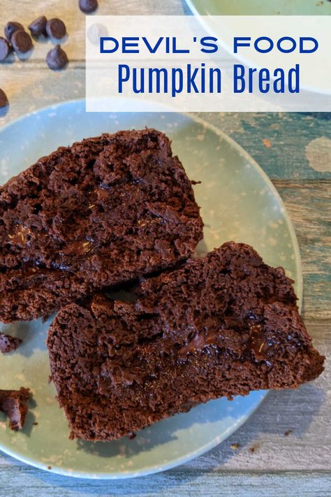 Bake a decadent loaf of devil's food pumpkin bread with just 3 ingredients - cake mix, pumpkin and chocolate chips. 3 Ingredients Cake, Cake Mix Pumpkin, Chocolate Bread Recipe, Pumpkin And Chocolate, Pumpkin Cake Mix, Dessert Loaf, 5 Ingredient Desserts, Chocolate Pumpkin Bread, Chocolate Cake Mix Recipes