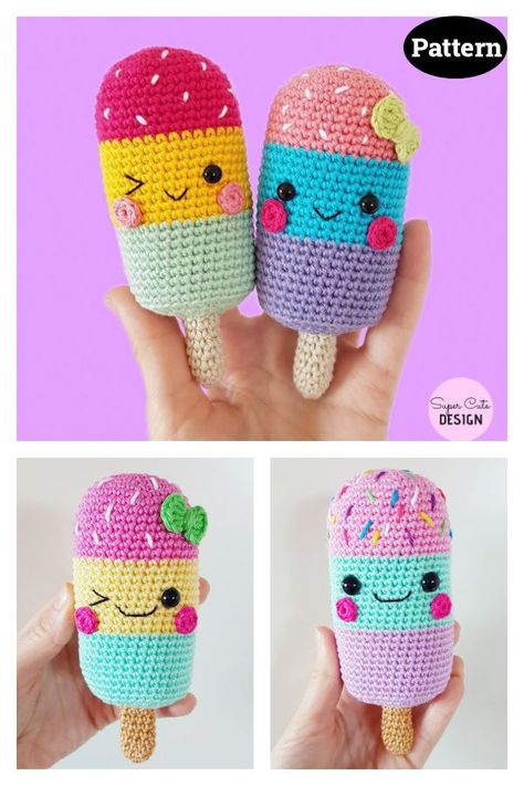 Ice Lollies Amigurumi Crochet Pattern Crochet Ice Lolly Free Pattern, Ice Cream Crochet Pattern Free, Crochet Popsicle, Amigurumi Ice Cream, Ice Cream Crochet, Ice Lollies, Reusable Produce Bags, Floral Table Runner, Ice Lolly