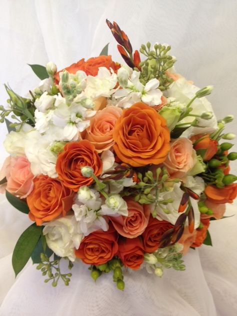 orange and white Wedding Bouquets Orange And White, White And Burnt Orange Wedding Flowers, Orange And White Wedding Theme, Orange And White Flower Bouquet, Orange Rose Bouquet Wedding, Orange Quinceanera Theme, Orange And White Flower Arrangements, Orange Bouquet Flowers, Orange Flower Centerpieces