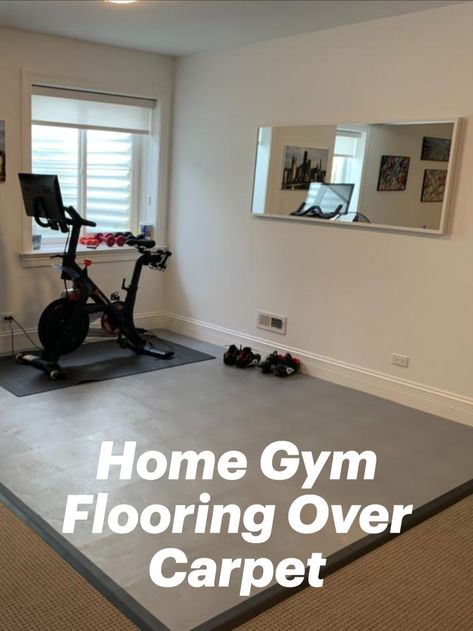 gray home gym tiles (Greatmats Staylock Tiles) installed over carpeting with border edges Home Gym Ideas Carpet, Home Gym Flooring Over Carpet, Home Gym With Carpet, Home Gym On Carpet, Home Gym Carpet, Gym And Guest Room Combo, Floor Over Carpet, Office And Workout Room Combo, Carpeted Basement