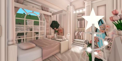 bloxburg pink blush bedroom (small) #bloxburg #bloxburgideas #bedroom Pink Blush Bedroom, Blush Pink Bedroom, Blush Bedroom, Preppy House, Blocksburg Room Ideas￼, Simple Bedroom Design, Bloxburg Decals, Pink Home Decor, Cozy Room Decor