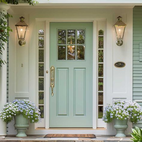 22+ Mint Green and Dove White Fresh Colours for an Inviting House Front • 333+ Art Images Mint Green House Exterior Color Schemes, Mint Green Front Door, Queenslander Homes Exterior, Green House Exterior, Columns Decor, Slope House, Green Front Doors, Dove White, Tile Cladding