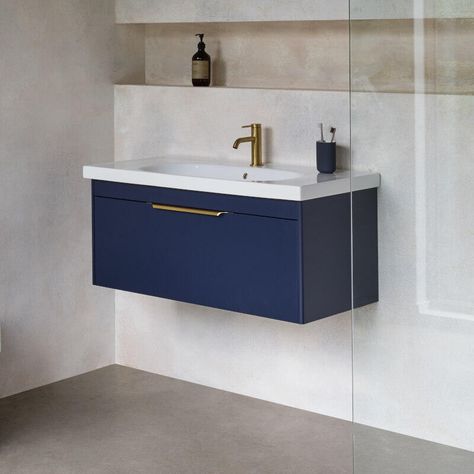 Wall Hung Bathroom Vanities, Luxury Bathroom Vanity, Small Bathroom Interior, Loft Bathroom, Blue Vanity, Mounted Vanity, Shower Fittings, Basin Vanity Unit, Bathroom Vanity Units