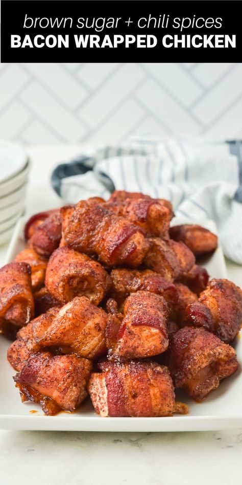 Chicken Turkey Bacon Recipes, Bacon Wrapped Chicken Medallions, Bacon Wrapped Chicken Nuggets, Bacon Chicken Appetizers, Bacon Wrapped Duck Bites, Chicken Bacon Appetizers Brown Sugar, Chicken Bacon Ranch Appetizer, Bacon Wrapped Chicken With Brown Sugar, Chicken Bacon Bites Brown Sugar