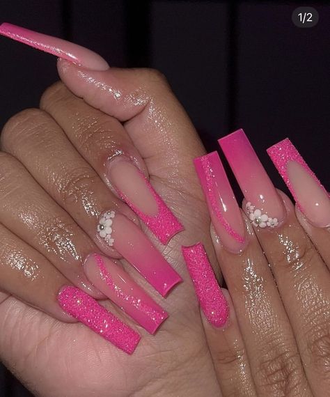 Hot Pink Nails Medium Length, Fushia Nail Designs, Dark Pink And Silver Nails, Dark Pink Prom Nails, Fuschia Acrylic Nails, Bright Pink Prom Nails, Hot Pink Formal Nails, Hot Pink Long Nails, Hot Pink Nails For Prom