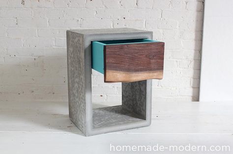 DIY Concrete Furniture. Learn how to make this Nightstand out of concrete and live edge walnut Diy Concrete Furniture, Cement Furniture, Homemade Modern, Concrete And Wood, Decoration Beton, Wooden Drawer, Concrete Diy Projects, Walnut Nightstand, Concrete Furniture