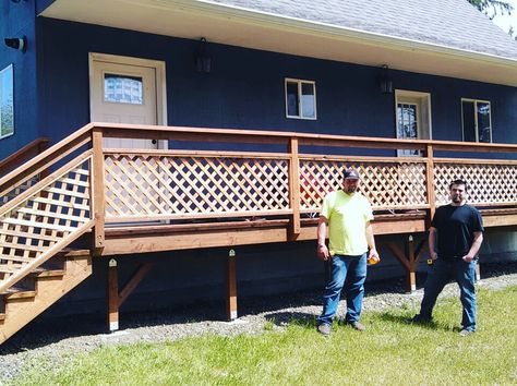 Cedar lattice porch railing. Done! Railing For Decks Simple, Lattice On Stairs, Lattice Deck Railing Ideas, Lattice Porch Railing, Cabin Porch Railing Ideas, Lattice Railing, Porch Railing Ideas Farmhouse, Replacing Lattice Under Porch, Lattice Porch