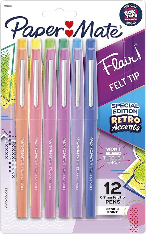 Amazon.com : Paper Mate Flair Felt Tip Pens, Medium Point (0.7mm), Assorted, Special Edition Retro Accents, 12 Count : Office Products Papermate Flair Pens, Paper Mate Pens, Paper Mate Flair, Office Vibes, Felt Tip Pens, School Supplies For Teachers, Flair Pens, Felt Tip Markers, Bullet Journal Hacks