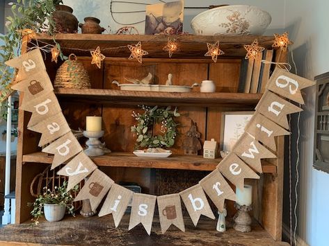 Coffee Baby Shower, Burlap Baby Showers, Baby Name Banners, A Baby Is Brewing, Baby Is Brewing, Burlap Flag, Baby Shower Tea, Coffee Theme, Girl Baby Shower Decorations