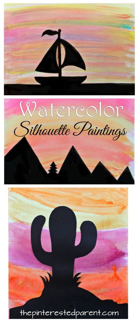 Watercolor silhouette landscape paintings for kids with free printable templates - cactus, mountains, sailboat sunset scenes. Kid's arts and crafts Landscape Paintings For Kids, Paintings For Kids, Silhouette Paintings, Sailboat Sunset, Watercolor Silhouette, Free Printable Templates, Silhouette Painting, Kids Watercolor, Art And Craft Videos