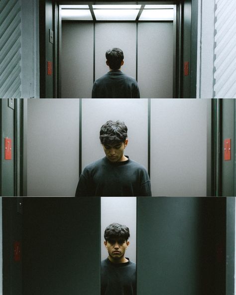 Creative Photography Ideas Men, Insta Post Photo Ideas, Photoshoot In Elevator, Conceptual Portrait Photography Ideas, Elevator Cinematography, Photography Techniques Ideas, Elevator Photoshoot Men, Self Portrait Video, Cinematic Self Portraits