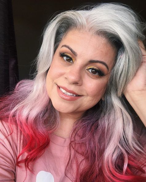 Yes to natural grey hair and red ombre! Since transitioning to grey, I've been loving semi-permanent colors on bottom of my hair and daring colors on my eyes. #makeuplover #makeuptutorial #eyemakeup #makeupvideo #makeupideas #makeuplooks #eyeshadow #eyemakeupvideos #eyetutorials #greyhair #grayhair #greyhairdontcare #grombre Grey And Red Makeup Looks, Red Hair Grey Eyes, Grey And Red Hair, Gray Hair Red Lipstick, What Color Makeup Do You Ware For Gray Hair, Dye Grey Hair, Red Lipstick Grey Hair, Natural Grey Hair, Grey Hair Dye