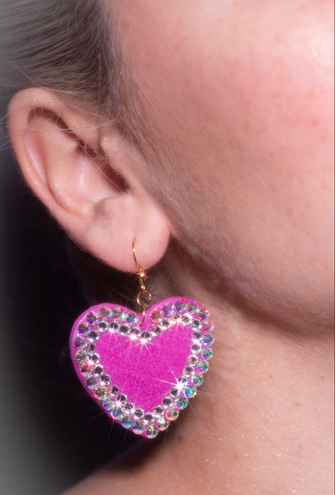 Polymer Clay Heart, Recycled Earrings, Clay Heart, Barbie Inspired, Barbie Core, Heart Earring, Rhinestone Bead, Pink Rhinestones, Crystal Heart