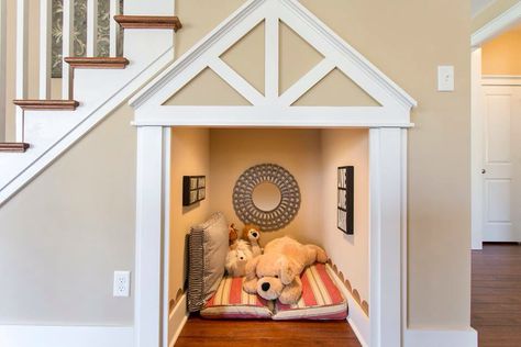 I really like that this one isn't a kennel or cage. Just a comfy sleep spot. Even dogs like to have their own space with freedom to come and go. Keemala Resort, Under Stairs Dog House, تحت الدرج, Dog Bedroom, Puppy Room, Indoor Dog House, Dog Spaces, Under The Stairs, Dog House Diy