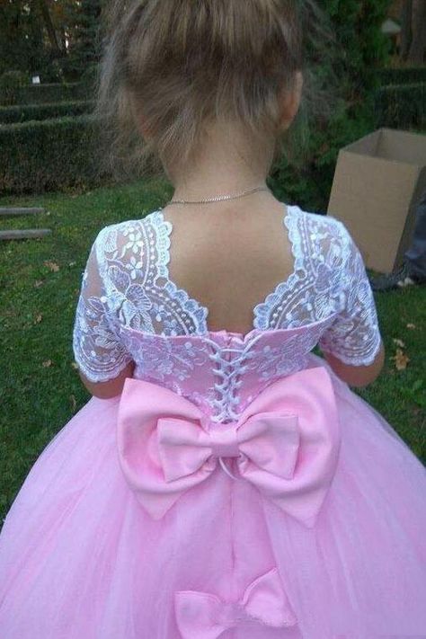 Ball Gown Cute Short Sleeves Long Flower Girl Dress, Lace Appliques Bo – Simibridaldresses Flower Girl Dress Lace, Flower Girl Dress, Dress Lace, Girl Dresses, Girl Dress, Ball Gown, Appliques, Flower Girl, Flower Girl Dresses