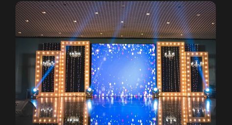 Cosplay Backdrop Ideas, Sangeet Stage Indoor, Sangeet Led Backdrop, Sangeet Stage Decor With Led Screen, Led Backdrop Stage Design, Sangeet Stage Design, Led Screen Stage Design Backdrops, Bollywood Sangeet Decor, Led Stage Backdrop