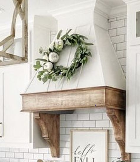 Simple Updates To Kitchen, Adding A Hood To Kitchen, Oven Hoods Farmhouse Shiplap, Pot Holder Storage Ideas, Farmhouse Hood Vents Kitchen, Farmhouse Vent Hood Ideas, Hood Vents Kitchen, Farmhouse Condo, Kitchen Vent Hood Ideas