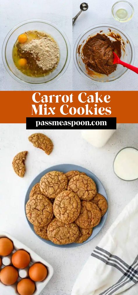 These soft and chewy carrot cake cookies are made with just 3 ingredients! You can turn a box of cake mix into tasty cookies in minutes! Carrot Cake Mix Cookies, Carrot Cake Cookies Recipe, Cake Box Cookies, Oreo Cookie Recipes, 3 Ingredient Cookies, Tasty Cookies, Carrot Cookies, Easy Carrot Cake, Carrot Cake Cookies