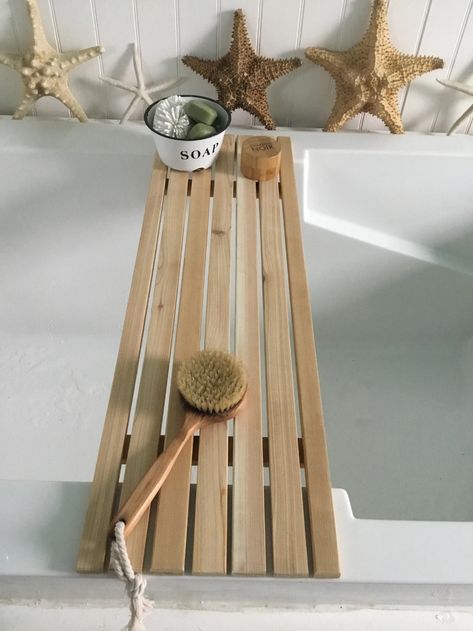 (1) Cedar Slats Bath Tray , Minimalist Bath Tub Tray – Sharon M for the Home Master Bath Decor Ideas, Bath Tub Tray, Soap Bathroom, Bathtub Shelf, Chalk Paint Finishes, Tub Tray, Bathroom Wood, Bathtub Tray, Cabin Bathrooms