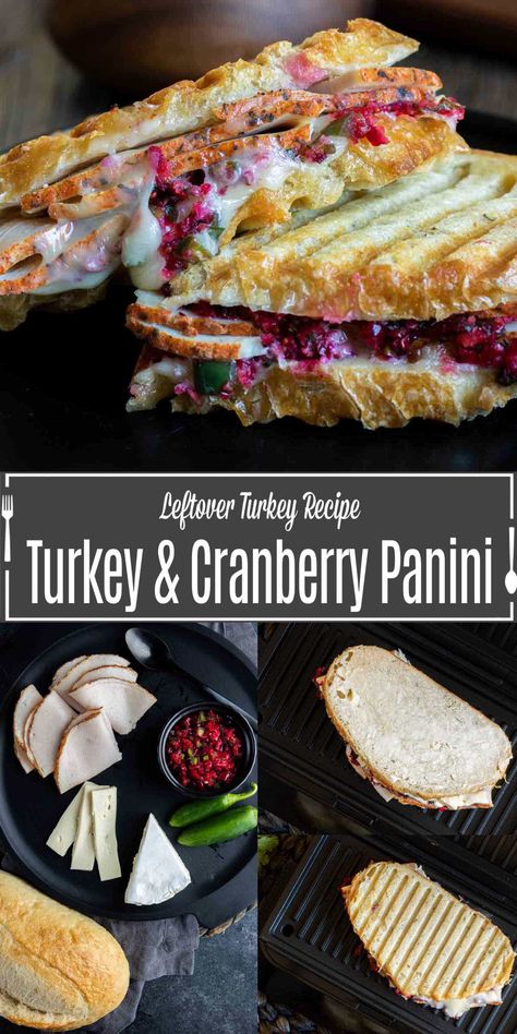 This delicious turkey panini with brie and cranberry is made with crusty bread, thinly sliced turkey, creamy brie cheese, and a sweet and spicy cranberry salsa for the perfect after Thanksgiving sandwich. This turkey panini is a great way to use up leftover turkey after Thanksgiving. Turkey Panini Sandwiches, Turkey Panini Recipes, Bread Turkey, Brie And Cranberry, Bunco Food, Turkey Panini, Creamy Brie, Thanksgiving Sandwich, Easy Slider Recipes