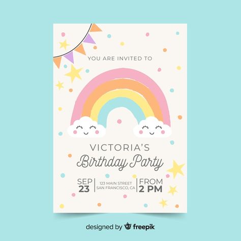 Rainbow Birthday Invitations Template, Rainbow Invitations Birthday, 13th Birthday Party Ideas For Girls, Girly Party Ideas, Rainbow Invitation, Kids Invitation, Birthday Party Invitations Free, Dora And Friends, Rainbow First Birthday