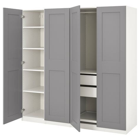 IKEA - PAX / GRIMO, Wardrobe combination, white/Grimo gray, 10-year Limited Warranty. Read about the terms in the Limited Warranty brochure. You can easily adapt this ready-made PAX/KOMPLEMENT combination to suit your needs and taste using the PAX planning tool. Pax Grimo Wardrobe, Pax Planner, Ikea Pantry, Armoire Ikea, Armoire Pax, Pax System, Pax Wardrobe, Armoires & Wardrobes, Fitted Wardrobes