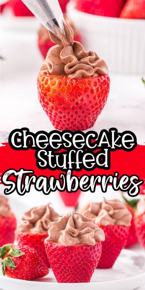 Our Cheesecake Stuffed Strawberries are fresh strawberries filled with a rich and smooth no-bake cheesecake. This delicious bite-sized dessert is easy to make and ready in minutes! Chocolate Mousse Stuffed Strawberries, Chocolate Cheesecake Stuffed Strawberries, Ready Dessert Recipes, Chocolate Stuffed Strawberries, Chocolate Cheesecake Strawberries, Chocolate Strawberry Cheesecake Bites, Cheesecake Stuffed Strawberries Recipe, Easy Desserts With Fruit, Stuffed Strawberries With Cream Cheese