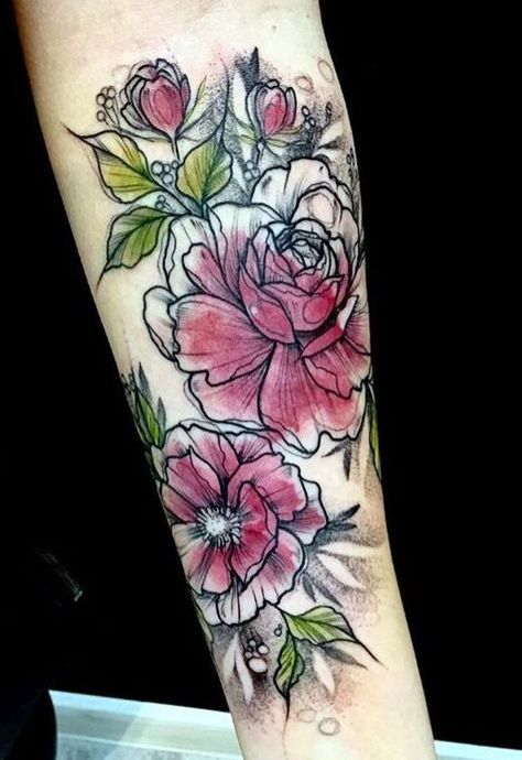 Black And Watercolor Tattoo, Watercolor Sketch Tattoo, Watercolor Tattoo With Black Outline, Black Watercolor Flower Tattoo, Black And White To Color Tattoo, Peonies Tattoo Meaning, Black And White Tattoos With Some Color, Black And White With Color Tattoo, Black And Color Flower Tattoo