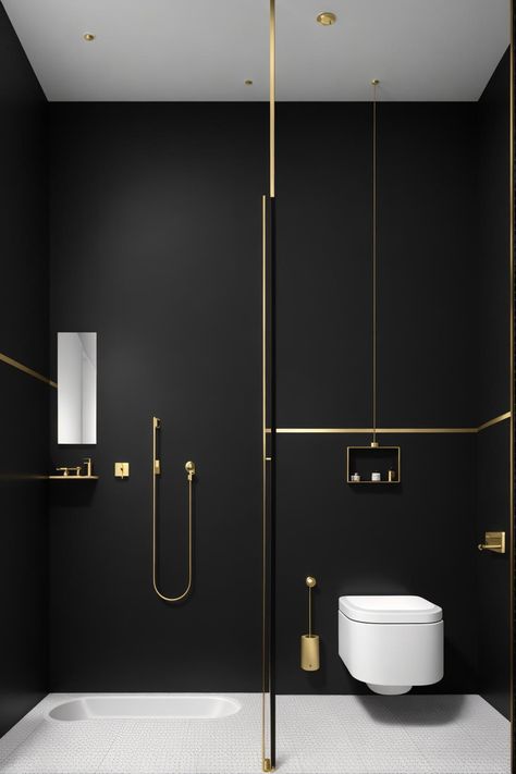 Experiment with this precise design and furniture in your own home using AI HomeDesign with just one simple click!Black, Gold, Bathroom, Toilet, Shower, Premium, Marble, Brass, Cobalt, Tiles, Bathtub, Faucet, Exquisite, Throne, Rich#BathroomDesign #LuxuryDecor #BlackGold #MarbleTiles #BrassAccessories #ThroneRoom #InteriorInspo #GoldAccents #AIHomeDesign #ExquisiteStyle Black And Gold Bathroom Ideas, Bathroom Decor Ideas Luxury, Gold Bathroom Decor Ideas, Tiles Bathtub, Modern Traditional Dining, Modern Traditional Dining Room, Black And Gold Bathroom Decor, Gold Bathroom Ideas, Black And White Bathrooms