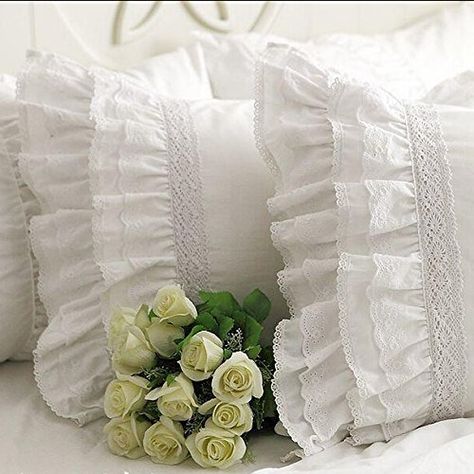 PRICES MAY VARY. The quantity is only for one piece. Please pay attention to that. Reminiscent of 1960's vintage and chic feeling, our pillowcases features an elegant country-style design. Ruffle, Lace and Embroidery or crochet lace are main features for our pillowcases. Handmade ruffle make it more valuable. This is also the matching pillowcases for the bedding set in our store. Our bedding is unique because we have our own designer and manufacturer. So we can make your customized bedding or pi White Lace Bedding, Lace Bed Skirt, Lace Bedding Set, Lace Bedding, Lace Pillow, Shabby Chic Pillows, Ruffle Pillow, Shabby Chic Bedding, Chic Pillows