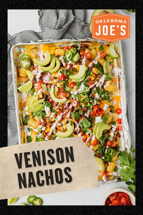 Level up your nacho game with these ground venison tater tot nachos! A bed of golden-brown tots are layered with melty cheese, a flavorful venison filling, and all the traditional nacho toppings. Mix and match your favorite veggies to totally customize these grilled nachos. This recipe was created by our partner, Amanda Gajdosik, at @midwestnicemakes Venison Nachos, Grilled Nachos, Tot Nachos, Tater Tot Nachos, Nacho Toppings, Ground Venison, Melty Cheese, Taco Seasoning, Bbq Sauce