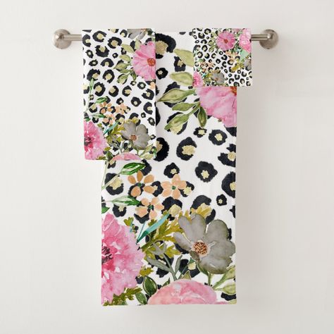 Elegant leopard print and floral design Bath Towel Set Size: Bathroom Towel Set. Color: black. Gender: unisex. Age Group: adult. Leopard Print Bathroom, Bathroom Vibes, Peonies And Roses, Patterned Bath Towels, Cow Spots, Towel Sets, Custom Towel, Animal Prints Pattern, Tiger Art