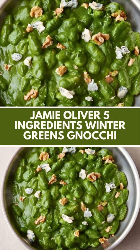 Jamie Oliver 5 Ingredients Winter Greens Gnocchi is made with walnuts, cavolo nero, mascarpone cheese, Gorgonzola cheese, and potato gnocchi. This delicious gnocchi recipe creates a vegetarian dinner that takes about 20 minutes to prepare and can serve up to 4 people.

This Winter Greens Gnocchi Recipe Is From 5 Ingredients Mediterranean Cookbook by Jamie Oliver. Jamie Oliver Comfort Food, Jamie Oliver 5 Ingredients, Mediterranean Cookbook, Winter Greens, Gnocchi Recipe, Soup Appetizers, Potato Gnocchi, Gorgonzola Cheese, Jamie Oliver Recipes