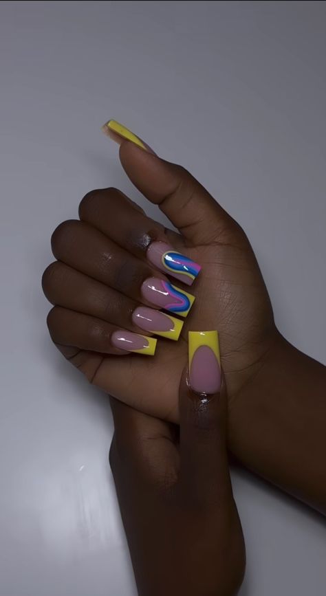 Nails With Multiple Designs, Square Nail Designs Trending Now, Squoval Acrylic Nails Design, Ambre Nails, Nails Baddie, Girly Acrylic, Funky Nail Art, Square Nail Designs, Diy Acrylic Nails