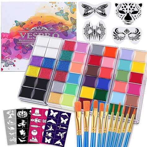 Professional Face Body Paint Kit,42 Colors Oil Face&Body Paint Kit (26 Classic Colors+10 Metal Colors +6 UV Glow Colors) with 10 Size Brushes 4PCS Reusable Large Face Stencils and 4PCS Small Paint Stencils for Kids’ and Adults’ Halloween Makeup Professional Face Paint, Stencils For Kids, Face Stencils, Face Paint Kit, Paint Stencils, Kids Face Paint, Makeup Package, Large Face, Stage Makeup