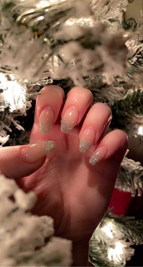 Nails, Sparkle, Holiday, ombré, French, coffin filed Engagement Nails Coffin Short, Glitter French Tips Coffin Short, Sparkle French Tip Nails Coffin, Engagement Nails Coffin Shape, Glitter French Tips Coffin, Ombre Silver Nails, Winter Ball Nails, White Sparkle French Tip Nails, French Tip Nails Sparkle