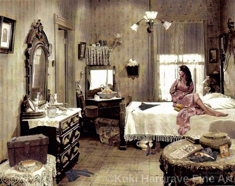 "Unique and original Old Wild West Portrait Art Print. The main figure is none other than a young Josephine Sara Marcus, who met Wyatt Earp in Tombstone, Arizona circa 1881. She is depicted in this painting as a spirited young woman in a hotel room, restlessly passing the time while waiting for Wyatt to return from the Faro table. Train tickets on the table in the foreground indicate that the couple may be leaving soon for the next boom town along their adventurous journey into legend. Josie bec Boom Town, Tombstone Arizona, Western Saloon, Western Rooms, Wyatt Earp, Doc Holliday, Prescott Az, Train Tickets, Antique Decor