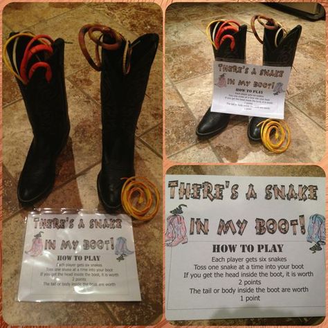 Snake in My Boots Game Snake In My Boot Game, Cowboy Theme Party Games, Ffa Games, Ag Olympics, Pto Activities, Cowboy Vbs, Cowboy Party Games, Western Party Games, Rodeo Games