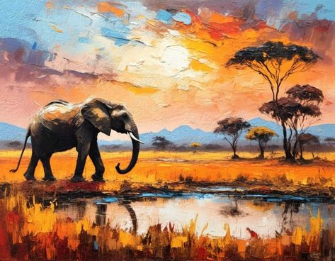 African Elephant at Sunset - Fiona and Gareth: A Creative Duo African Landscape Painting, Running Of The Bulls, African Savanna, Animal Action, African Sunset, Woodland Art, Africa Art, Z Arts, Equine Art