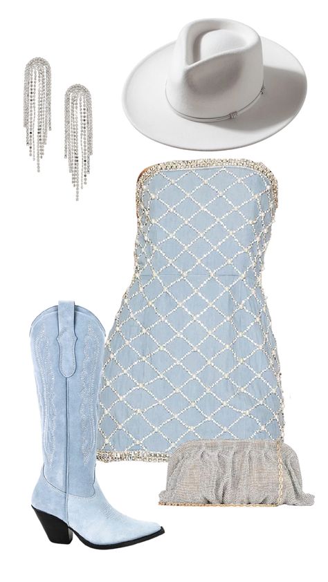 Rhinestone denim dress with blue cowgirl boots and diamond accessories. Western Themed Outfits Women, Diamonds And Demin Outfits, Country Bday Outfit, Denim On Denim Party Outfit, Denim And Diamonds Dress, Birthday Country Outfit, Country Concert Outfit Sparkle, Denim And Diamonds Bachelorette Party Outfit, Denim Diamonds Theme Outfit Bachelorette Party