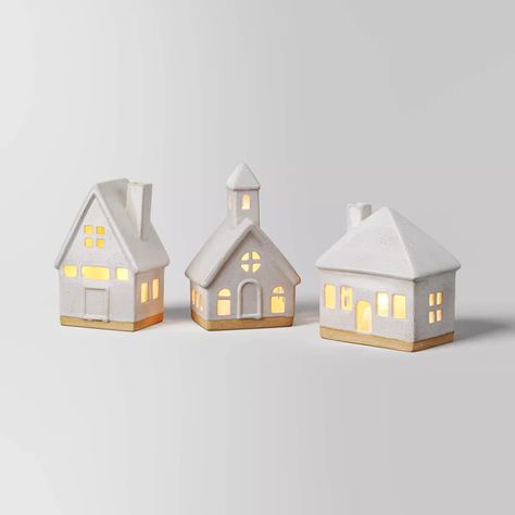 3pc Lit Ceramic Buildings Decorative Christmas Figurine Set - Wondershop™ White : Target Shelf Placement, Target Christmas Decor, Christmas Decorations Apartment, Target Christmas, Christmas Apartment, Island Decor, Christmas Mantle, Light Building, Ceramic Light